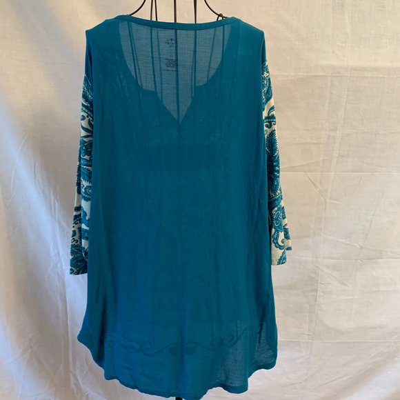 St John's Bay 2X Teal & White Floral Tunic with Teal Back - Picture 5 of 9